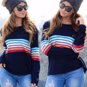 Navy Blue Rainbow Stripes Long Sleeve Top